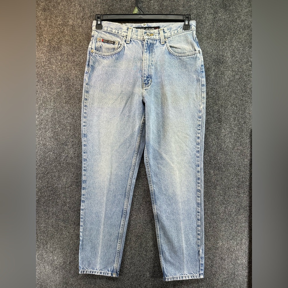 VTG DKNY Womens Blue Jeans Sz 10 Wide Leg Light Wash Leather Patch USA Made Y2K